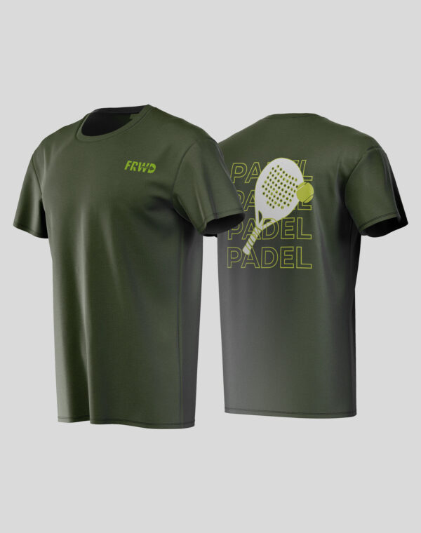 FRWD It's All About Padel T-Shirt for Men – black athletic polyester sportswear for padel players, breathable and moisture-wicking fabric, front slogan print